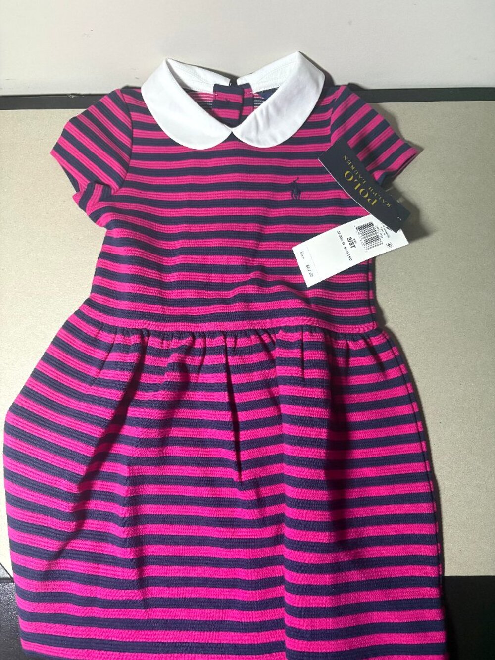 Polo Ralph Lauren Girls Pink & Navy Striped Peter Pan Collar Short-Sleeve Dress